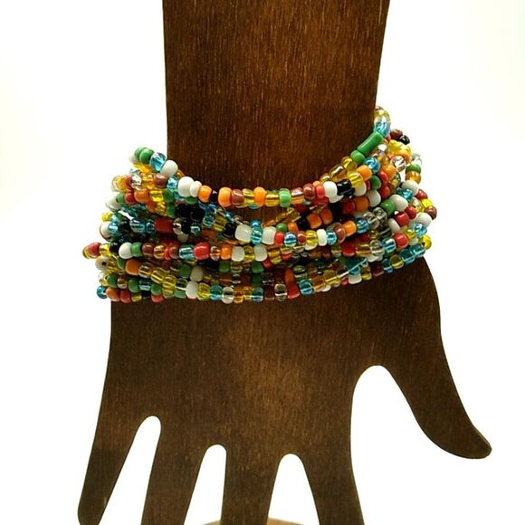 Glass Beaded Stretch Bracelet 14 Strand Wood Buckle Multi-colored - Picture 9 of 14